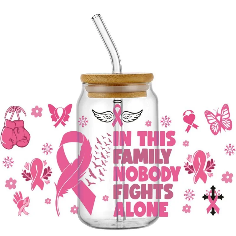 الوعي بسرطان الثدي ثلاثية الأبعاد UV DTF كأس يلتف نقل ملصقات الشريط الوردي تأكيد الأشعة فوق البنفسجية يلتف الشارات لزجاج ليبي 16oz