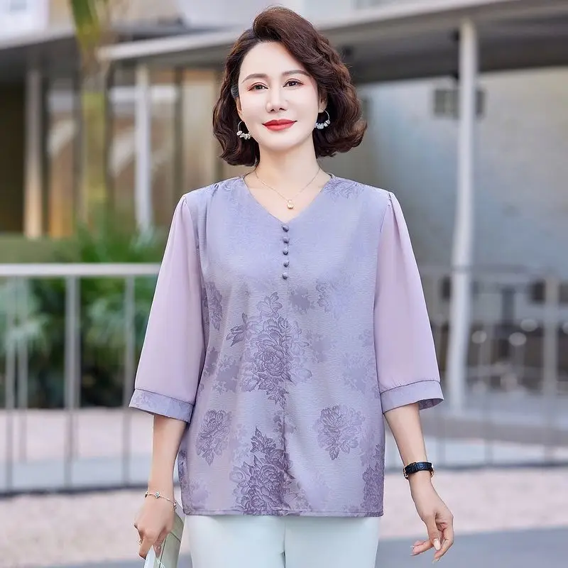 

Элегантная женская одежда для мам, костюм для мамы среднего возраста, комплект из двух предметов, топ, летняя новая стильная блузка для пожилых людей