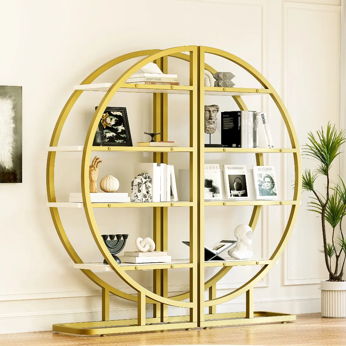 Étagère autoportante en forme d'arche 120x30x130cm – Bibliothèque en métal en 2 parties avec cadre doré et 4 étagères en MDF blanc – Étagère modulaire en demi-cercle pour salon, cuisine ou vitrine – Design élégant et gain de place – Robuste, facile à assembler – Étagère et rangement