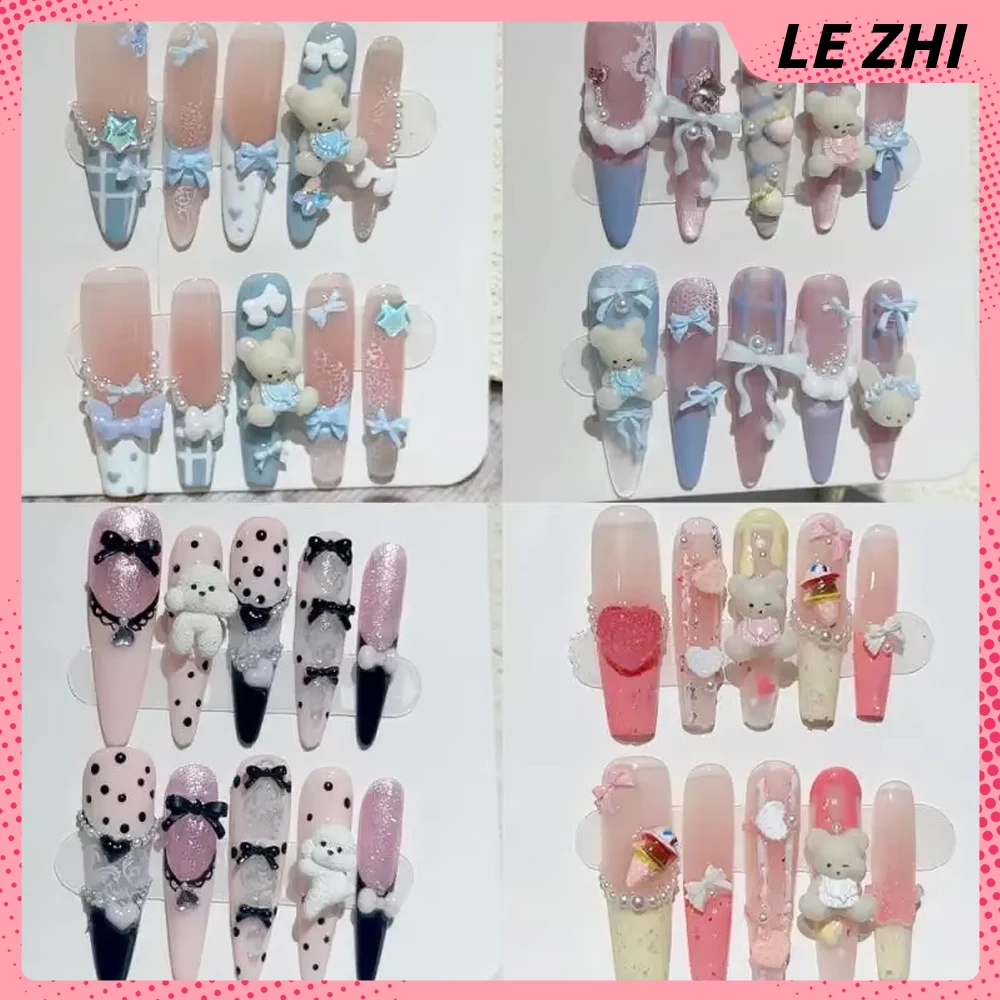 

Cartoon Cute Long Coffin Stiletto Handmade Nail Party Stickers Kawaii Dog Bear Bow Pearl Rhinestone Fake Nails Gift