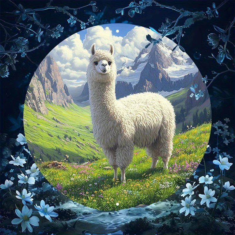 2D Flat - 1pc 2D Flat Printed Metal Sign Measuring 8X8 Inches (20X20 Cm), Featuring a Round Design of an Alpaca. This Decorative
