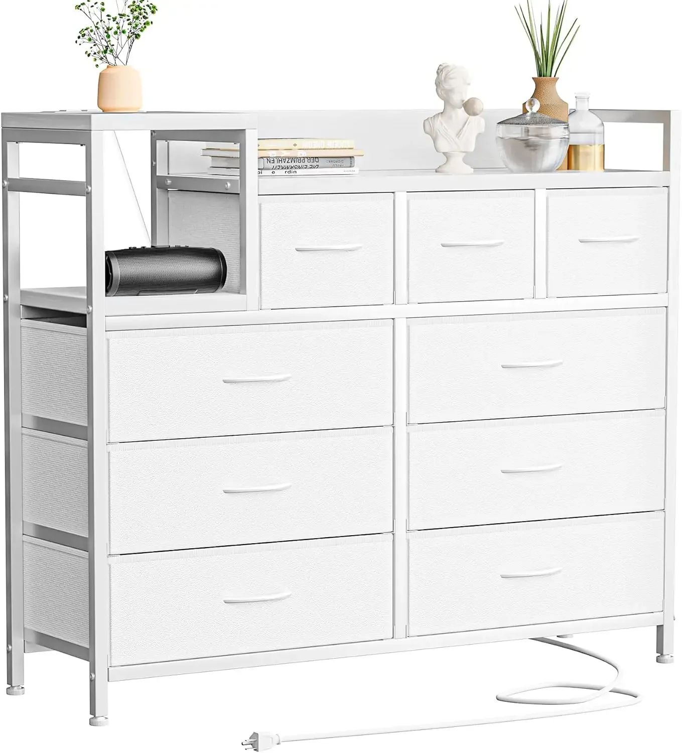 

Dresser TV Stand with Power Outlet, Bedroom Dresser with 9 Drawers, Chest of Drawers for Living Room, Hallway(White)