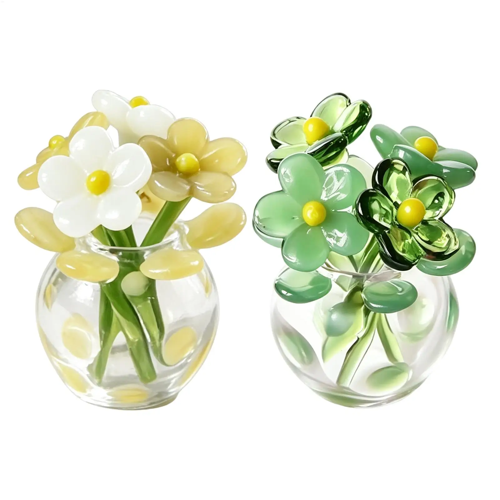 Mini Glass Flowers Artificial Bouquet with Small Vase Handmade Green Leaves Table Centerpieces for Home Office Wedding Decor