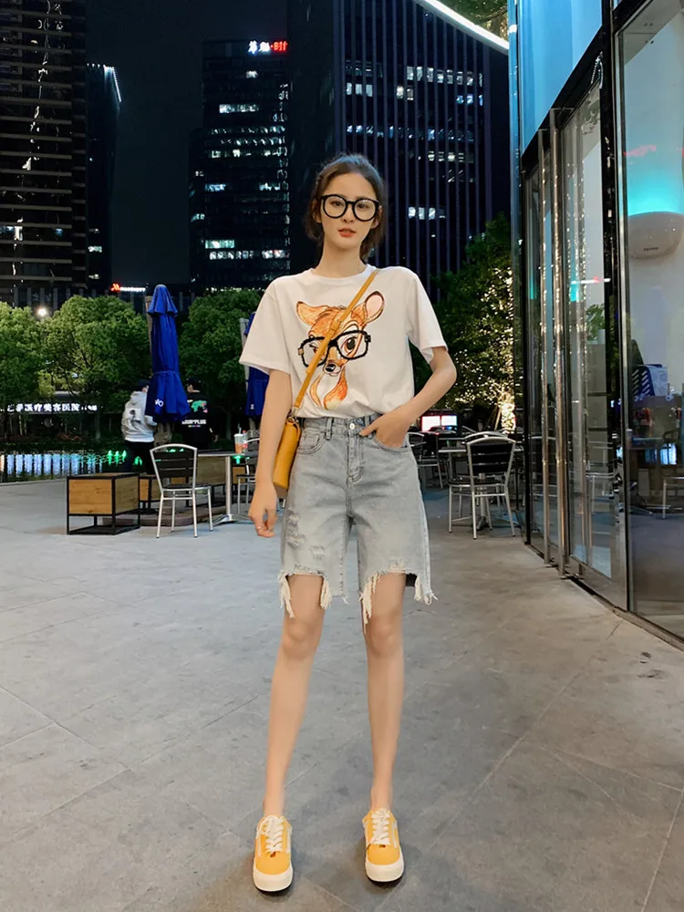 

Джинсы-шорты женские летние с высокой талией, широкие, свободные, прямого кроя, в стиле «хонгкон», с вырезами, джинсы-шорты из пяти частей