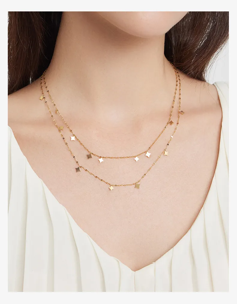 Edelstahl Doppelschichtige Goldfarben Starburst Anhänger Halskette für Frauen Nicht-verblassender Schmuck Schlüsselbeinkette Mode-Accessoire – Detail 7