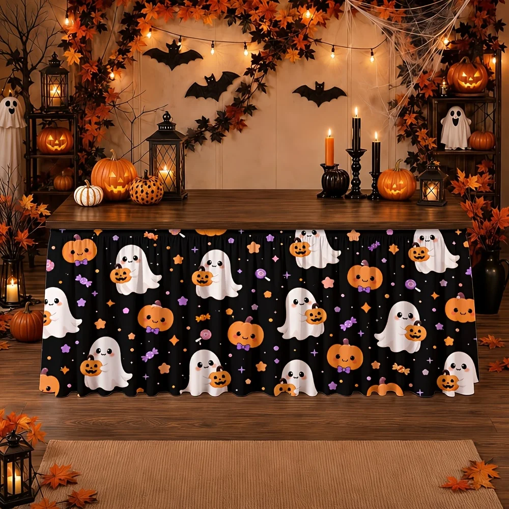 Party table skirt 1 piece Halloween ghost pumpkin polyester festive decoration for birthday celebration event at the tablexzj
