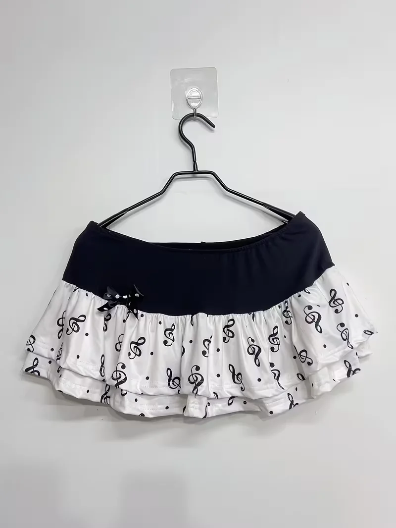 Emo Women Y2K Japanese Goth Music Note Print Mini Short Skirt High Waist Aesthetic Acubi Ruffle Skirts A-line 2000s Clothes
