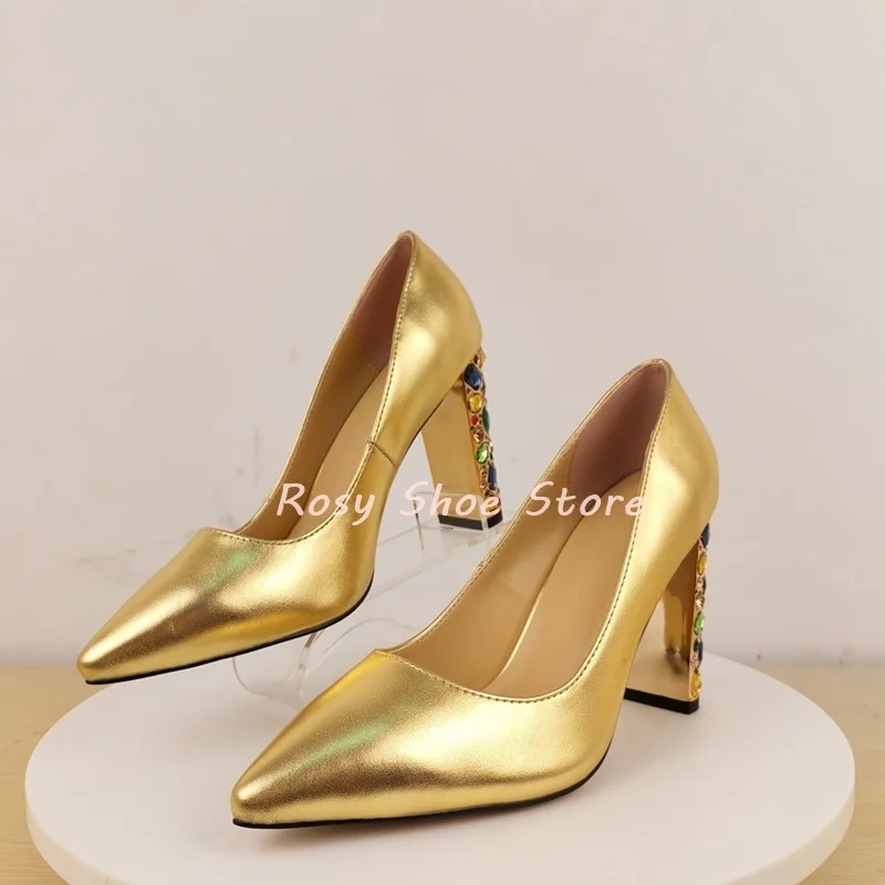 

Shiny Gold Pointed Toe High Heels Luxury Color Diamonds Inlaid Heel Banquet Dress Pumps Fashion Party Sllip On Chunky Heel Pumps