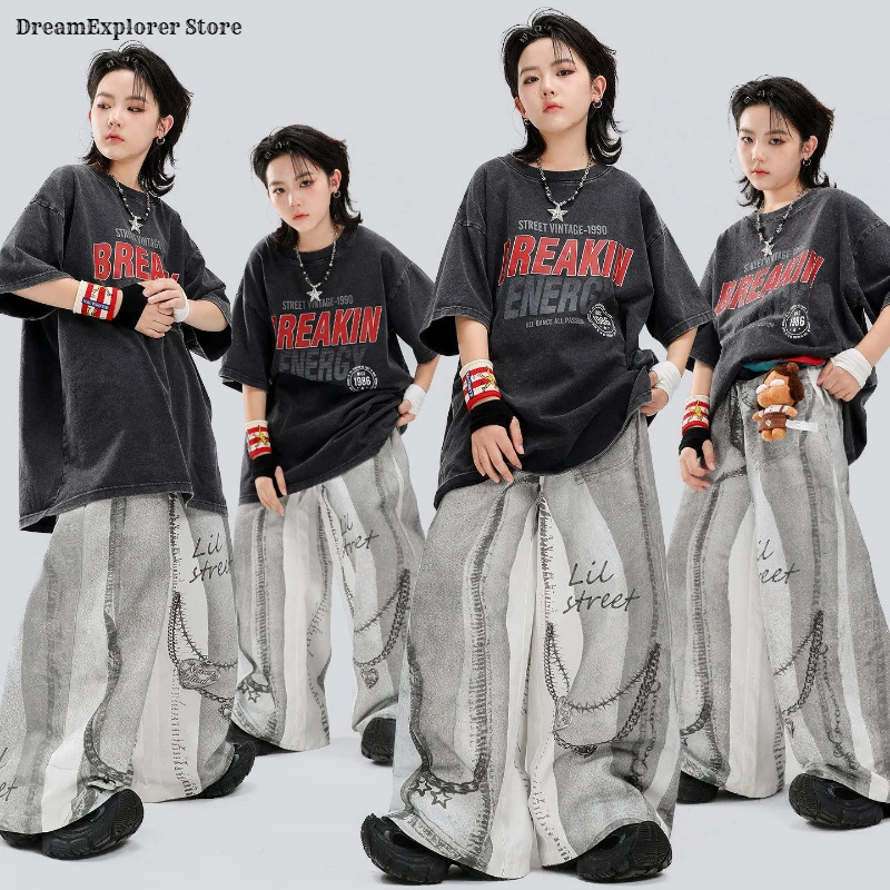 Boys Hip Hop Polo T-shirt Street Dance Contrast Graffiti Pants Girls K-pop Costumes Children Streetwear Kids Jazz Clothes Sets