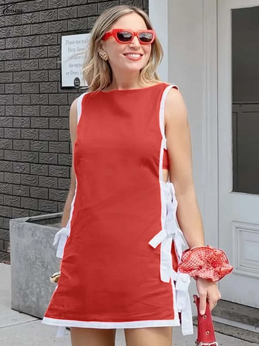 

Oymimi Fashion Tangerine Cotton Womens Dresses Casual O-Neck Patchwork Sleeveless Dresses Elegant Hollow Out Lace-Up Mini Dress