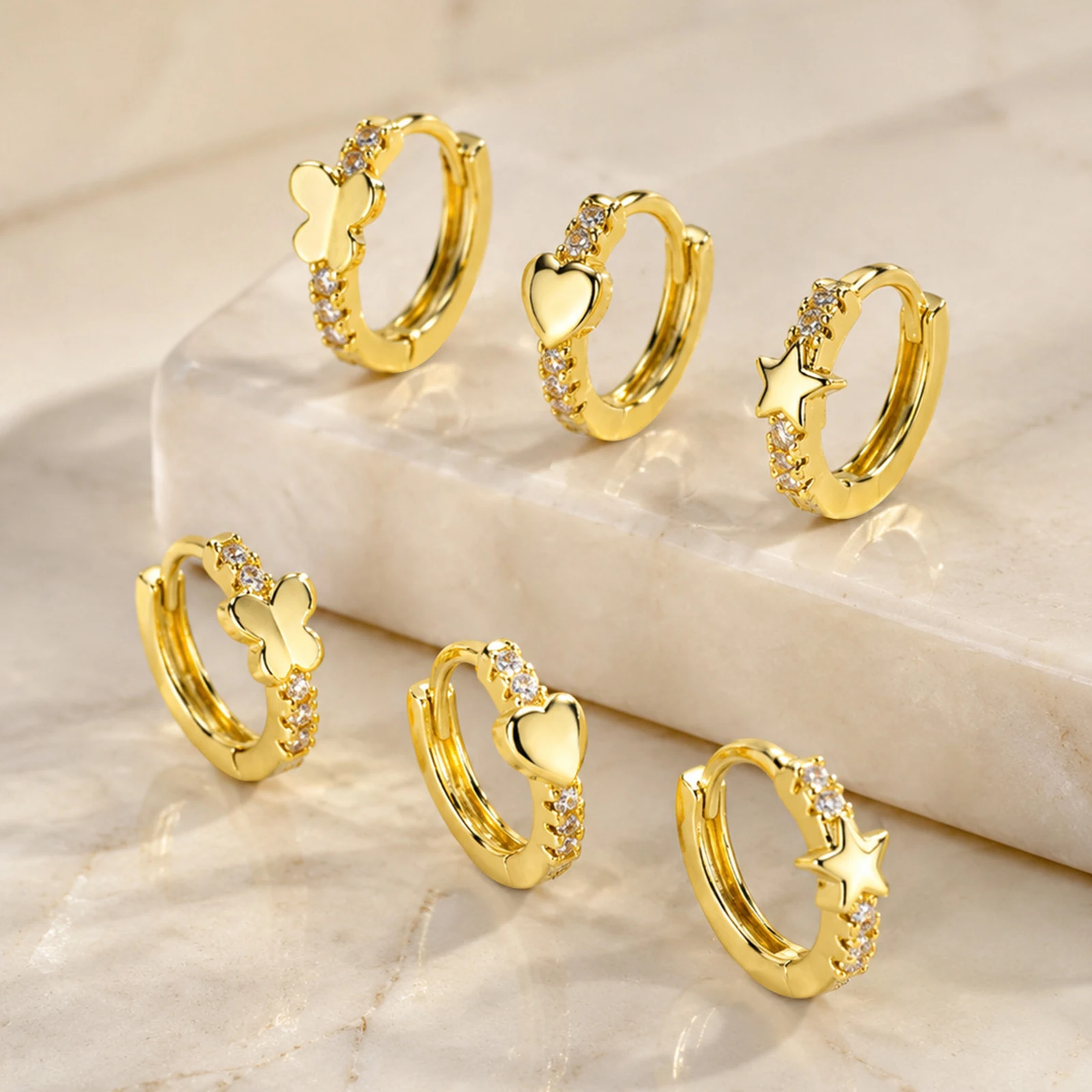 CZ Huggie Hoop Earring for Women, Heart Star Butterfly Charm, Gold Plated Minimalist Cartilage Helix Piercing Stackable Jewelry