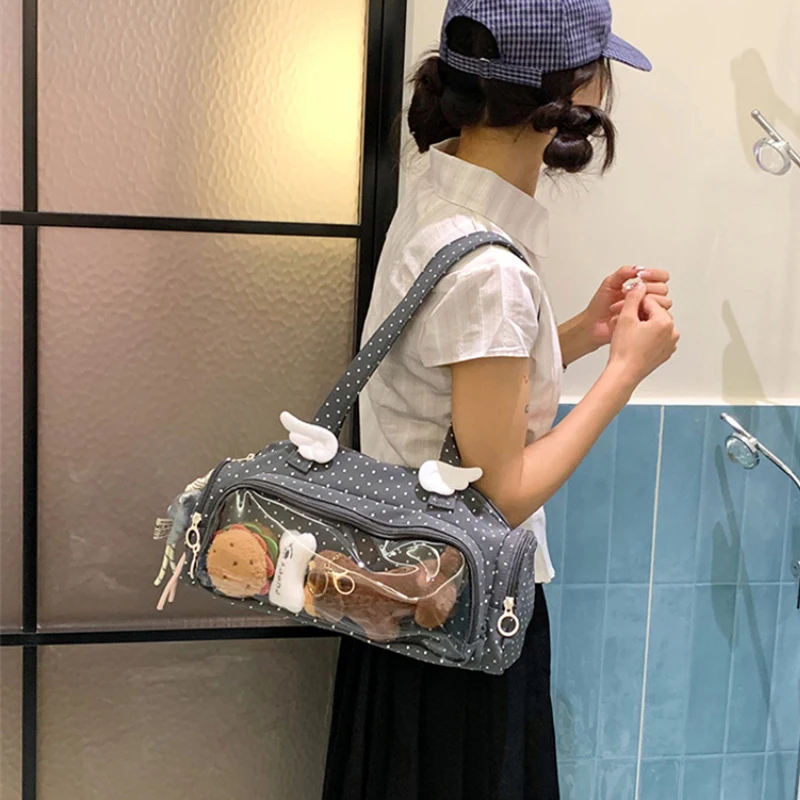 Angel Wings Ita-Tasche mit transparentem Sichtfenster, Damen-Umhängetasche im japanischen Stil, vielseitige Polka-Dot-Handtasche für den täglichen Pendelverkehr – Detail 15