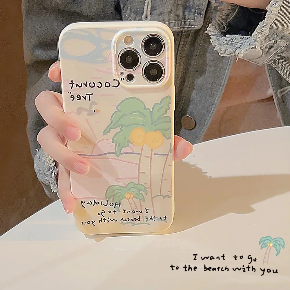 Summer holiday Sunset Coconut Tree Graffiti Phone Case For iPhone 15 14 13 12 11 Pro Max 14 Plus Case Cute cartoon Sweet Cover