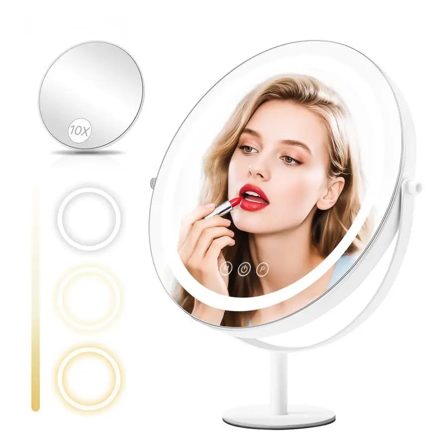 

Mirror with Lights, Lighted Makeup Mirror with Magnification, 1x 10x, Large Round Vanity Mirror with Stand, 3 Color Modes, Brigh