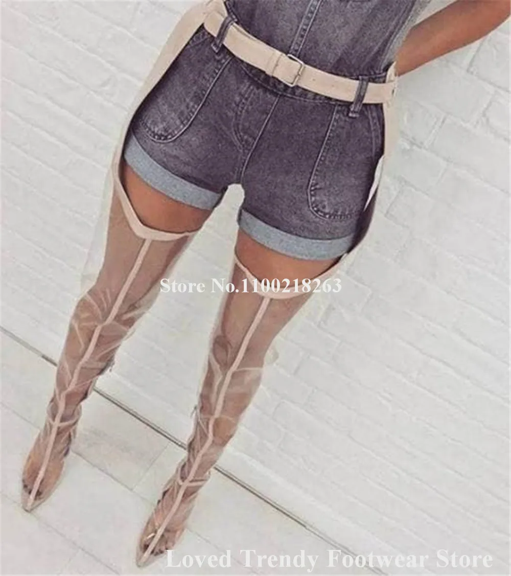 Sexy Clear PVC Patchwork Beige Silver Waist High Pant Boots Pointed Toe Transparent Belt Buckles Thin Heel Long Boots Big Size