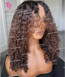 Ombre Chocolate Dark Brown Kinky Curly V Par Wigs 100% Human Hair wig FOr Women Open Lace Highlight Part wig 250Density Full End