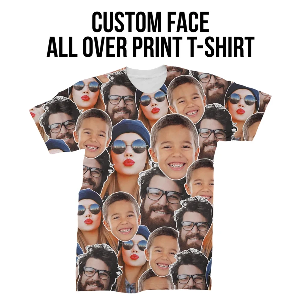 Unisex Custom Face All Over Print Photo Boy Girl T-Shirt Family Funny Clothing Crew Neck Short Sleeve Personalised Men's T Shirt