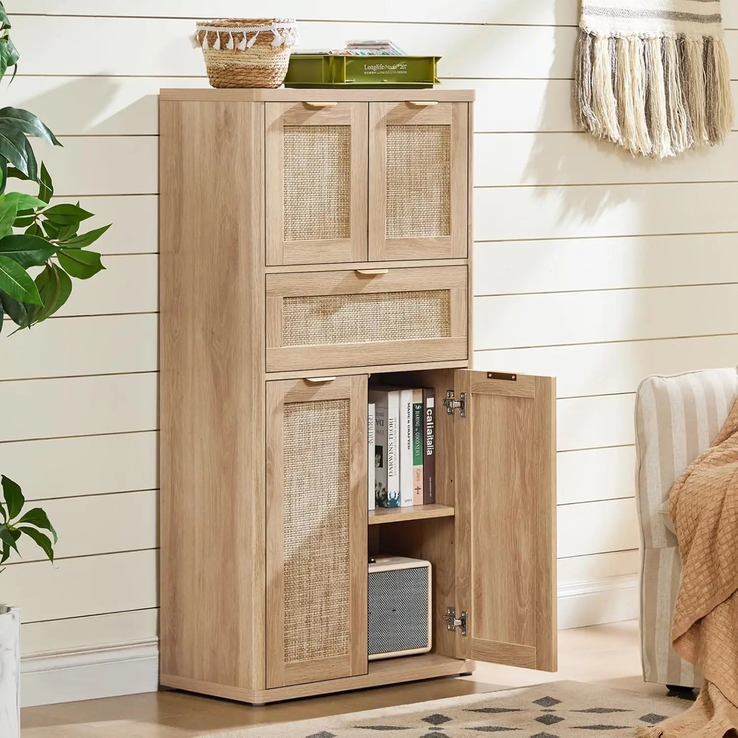 

48" Tall Storage Cabinet,Rattan Bathroom Floor Cabinets with 4 Doors & 1Drawer,Boho Kitchen Pantry with Adjustable Shelv
