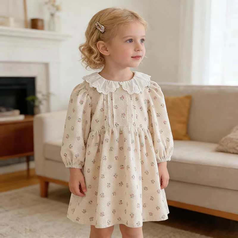2026 neue Frühjahr Baby Mädchen Party Europäischen Amerikanischen Stil Kleid Lange Ärmeln Baumwolle Blumen Kleid 2-6Yrs Drucken Kinder Prinzessin Kleid