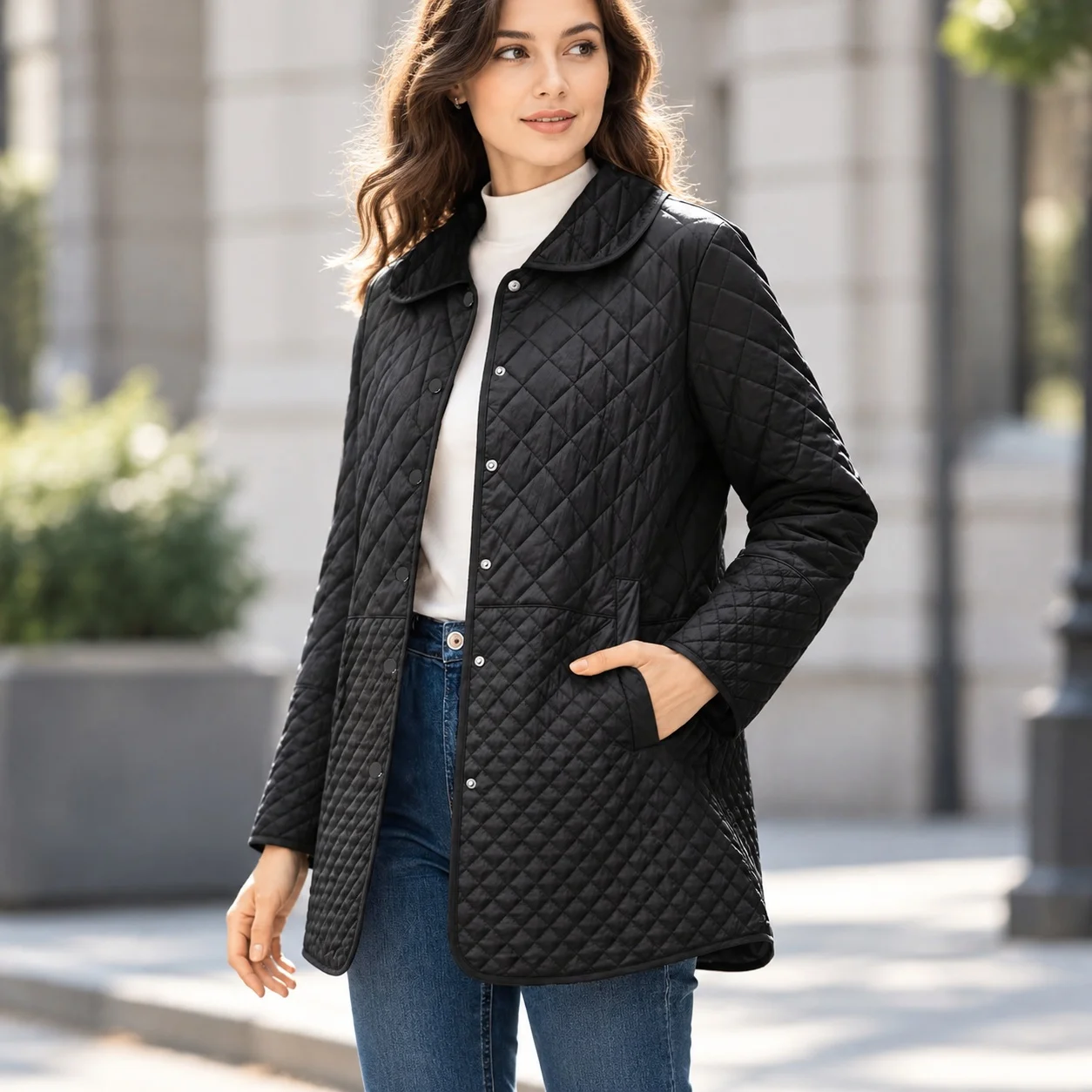 Quilted Mid Long Length Coat with Mid Length Casual Turn Down Collar Long Sleeve Commuter Chic Spring Lapel Coat for Women