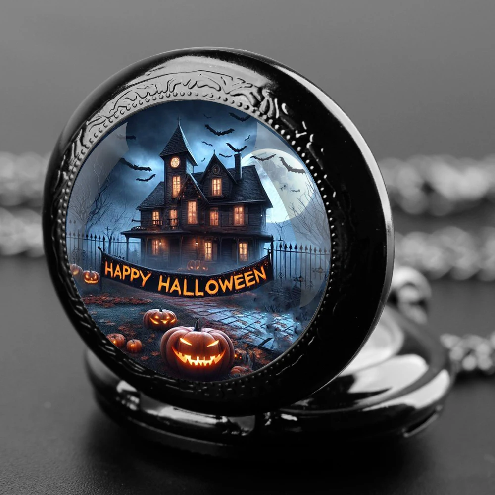 Halloween Cosplay Glass Dome Quartz Pocket Watch With Durable Chain Arabic Numeral Dial Halloween Gifts for Men Kids