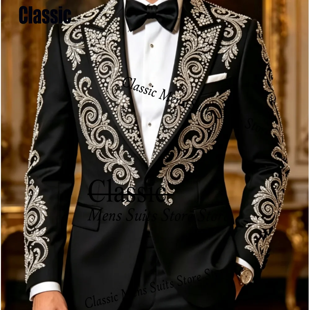 

Customized Crystal Sequins Men Suit 2 Pieces Sets Male Party Blazers Gorgeous Groom Wedding Tuxedos Slim Gem trajes para hombre