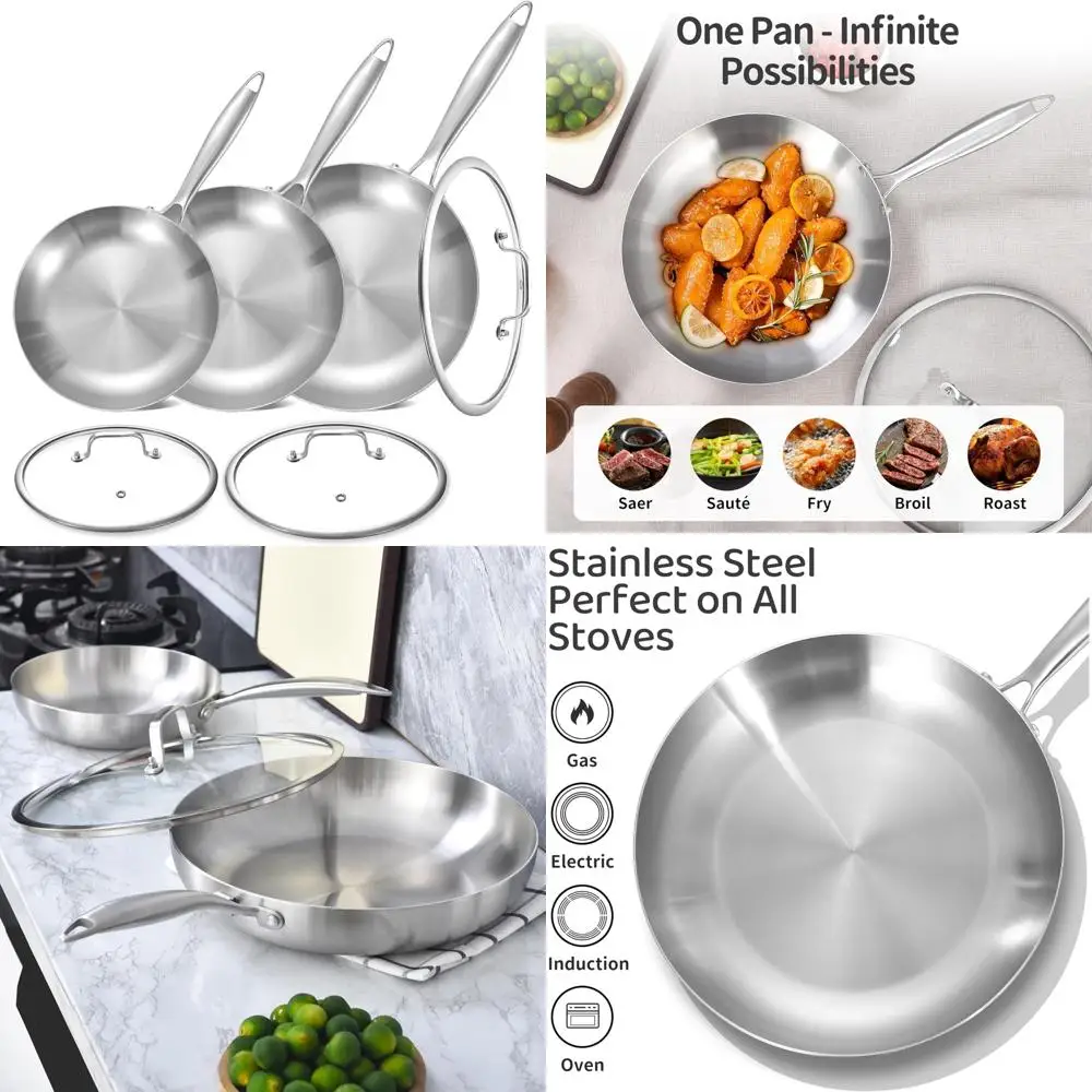 

Набор трехслойных сковородок из нержавеющей стали 8,5–10–12 дюймов с крышками, сковородой, индукционной совместимой, можно мыть в посудомоечной машине и в духовке, идеально подходит