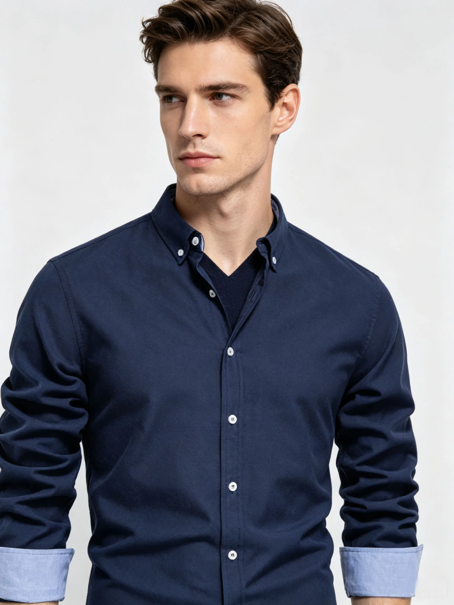 European Size Slim Fit Solid Color Versatile Men's Cotton Blend Oxford Long Sleeve Button Down Business Casual Shirt Autumn New