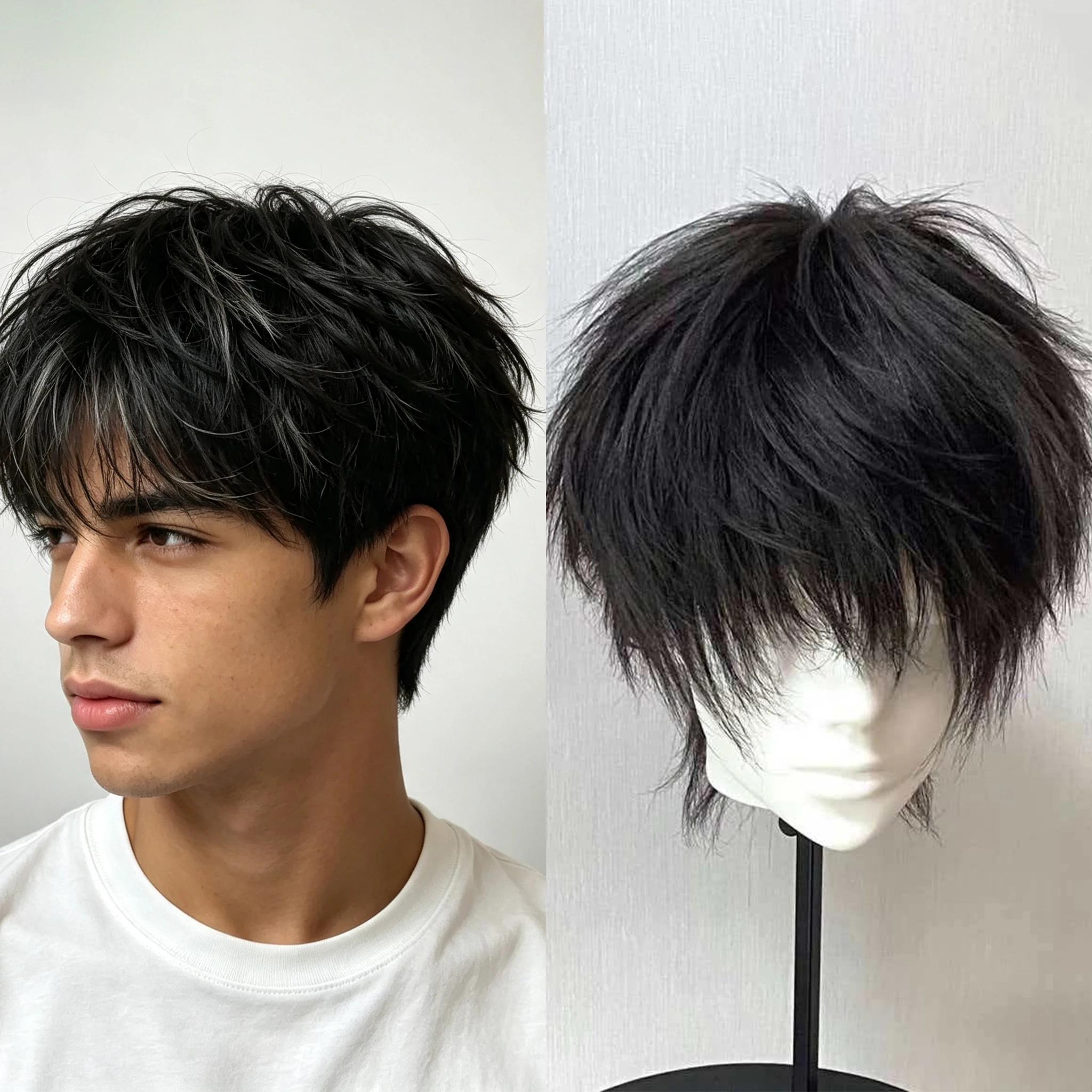 Image of Schwarze, unordentliche, geschichtete, kurze synthetische Perücke für Männer, universelle Anime-Cosplay-Perücke, hitzebeständige Faser für den täglichen Gebrauch zu Halloween
