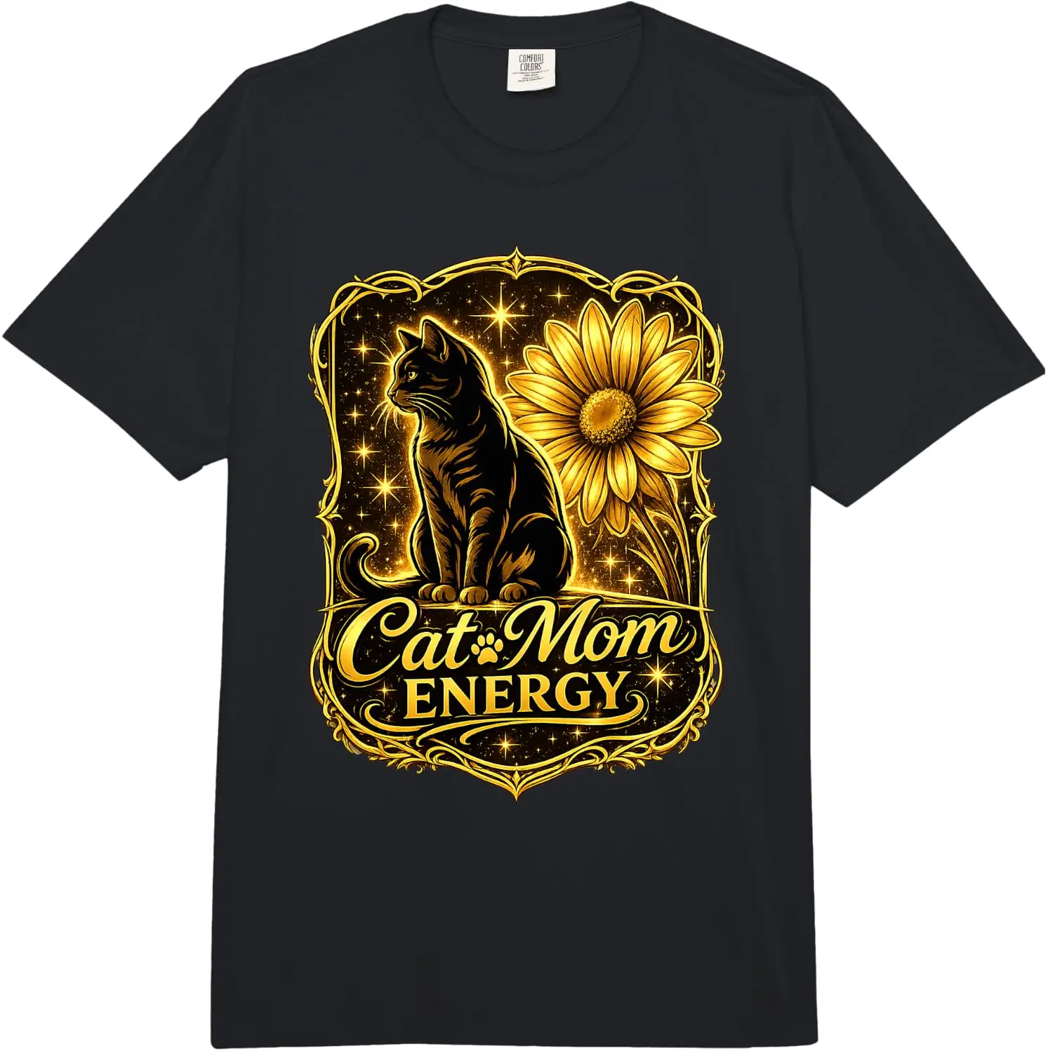 Cat Mom Energy Black Cate Sunflower Graphic Comfort Colors Adult Heavyweight Tee – Soft, 100% Cotton Trendy Y2K Short-Sleeve