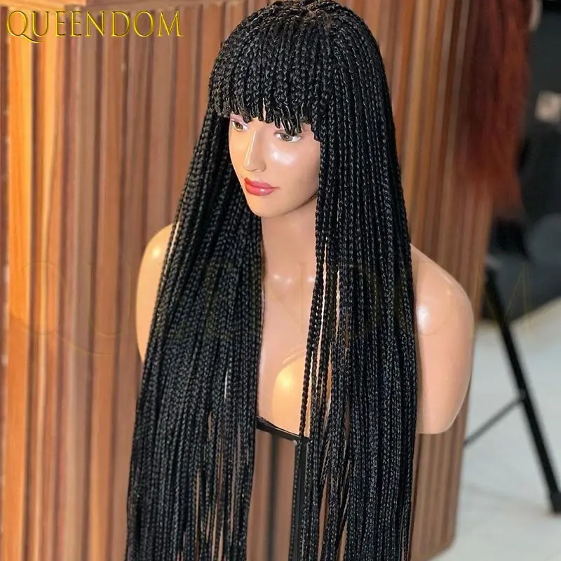 

32 Inch Synthetic Braid Wig for Black Women with Bangs Faux Locs Braided Wigs 360 Full Lace Knotless Box Plait Braided Hair Wig