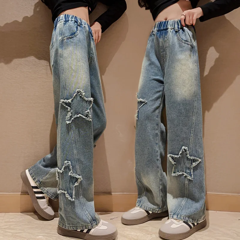 Spring Autumn Teenager Girls Wide Leg Jeans Children Trousers 2024 New Fashion Star Pattern Girls Denim Pants 5-14Y Kids Clothes