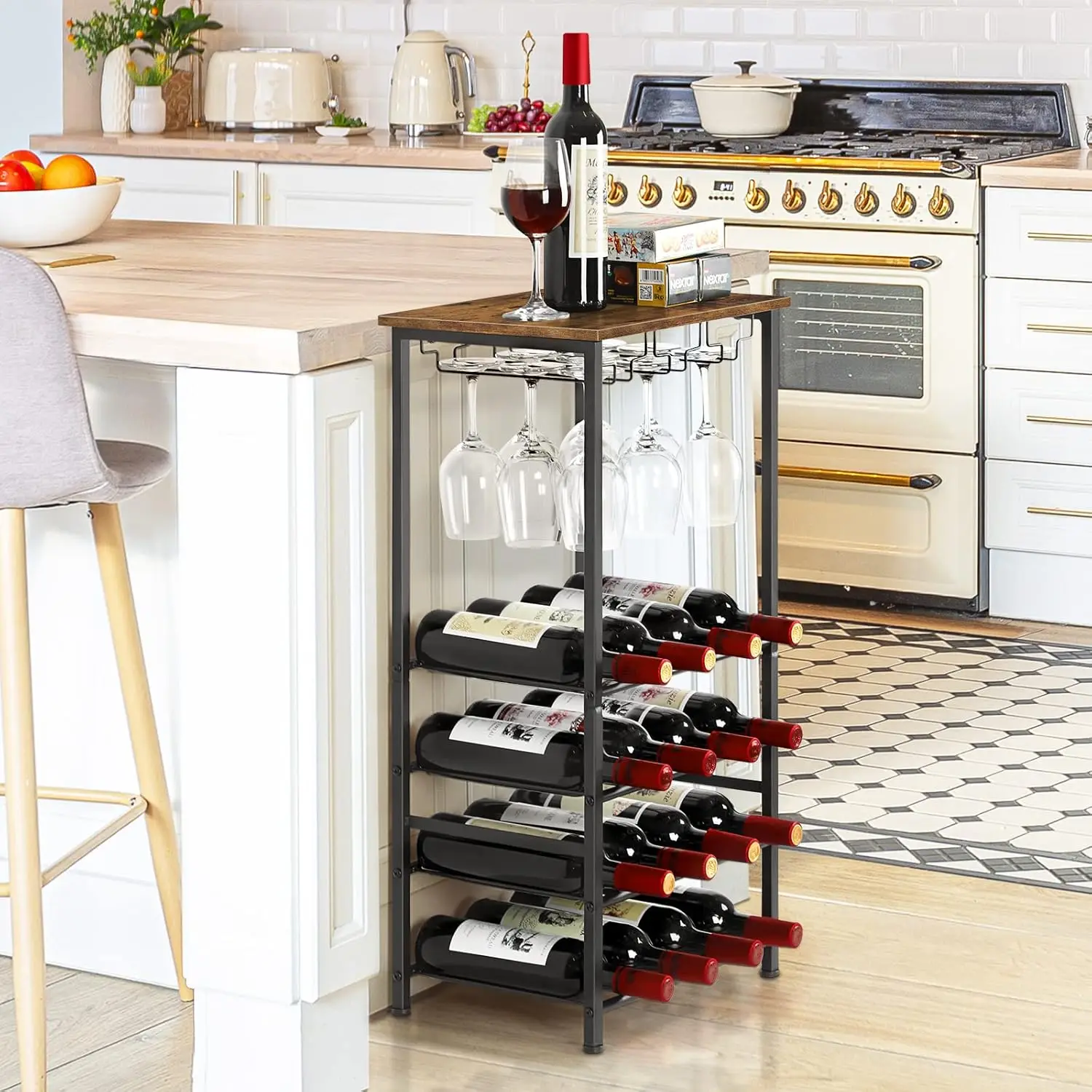 

Wine Rack Freestanding Floor, Rustic Holder Stand with Storage and Bottle Shelf, 16 Bottles Floor Rack Shelf