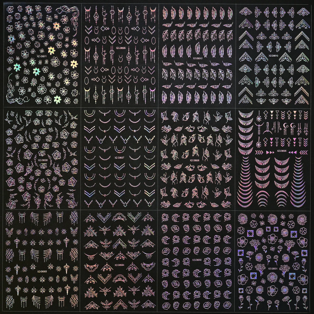 12 stuks 3D geometrie bloem blad nagelstickers roze laser zilveren lijn geometrisch geschilderd slider nail art stickers manicure decoraties