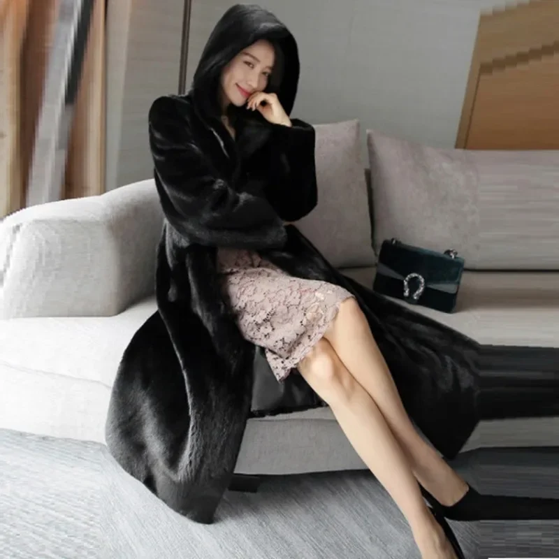 Luxury Big Size Women Clothes Hooded Long Fur Coat Mink Long Windbreaker Warm Black Faux Fur Jacket Cardigan Windproof Outerwear