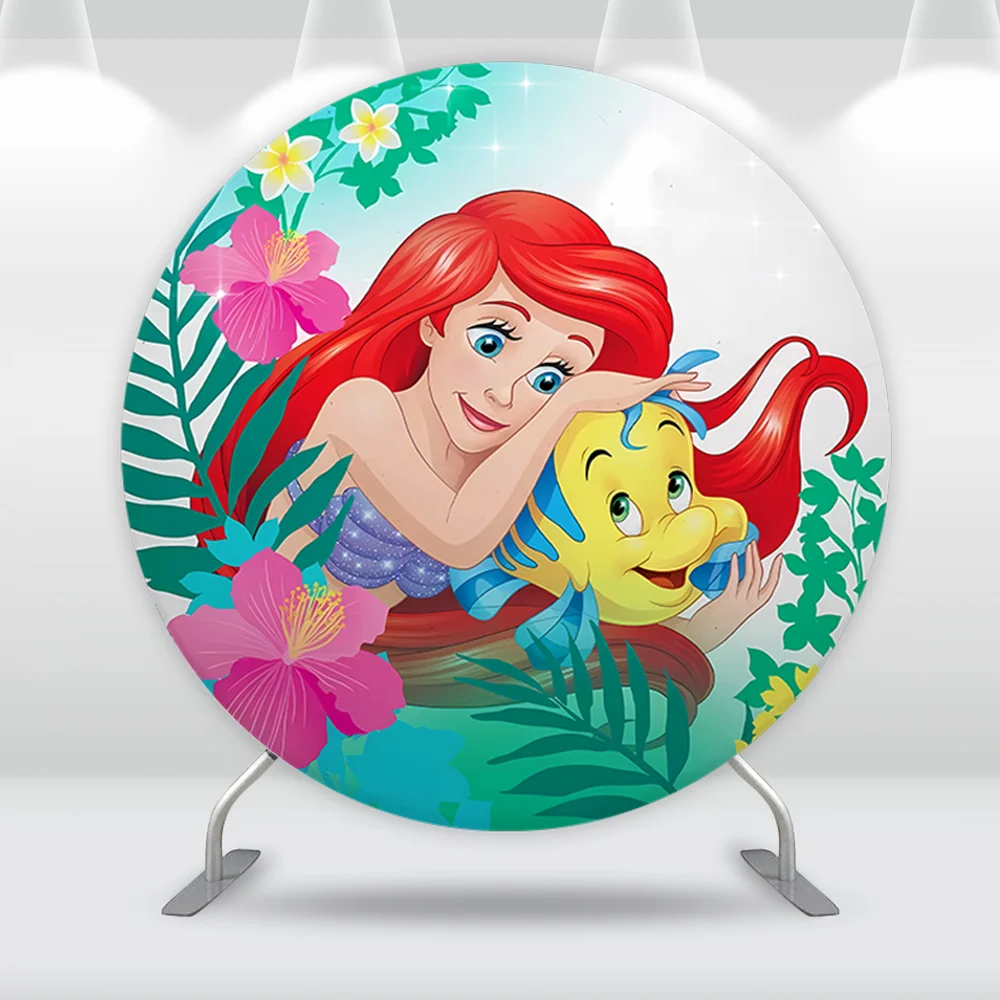 Under the Sea Mermaid Round Backdrop Cover for Girls Birthday Circle Background Photo Princess Ariel Candy Table Cylinder Covers