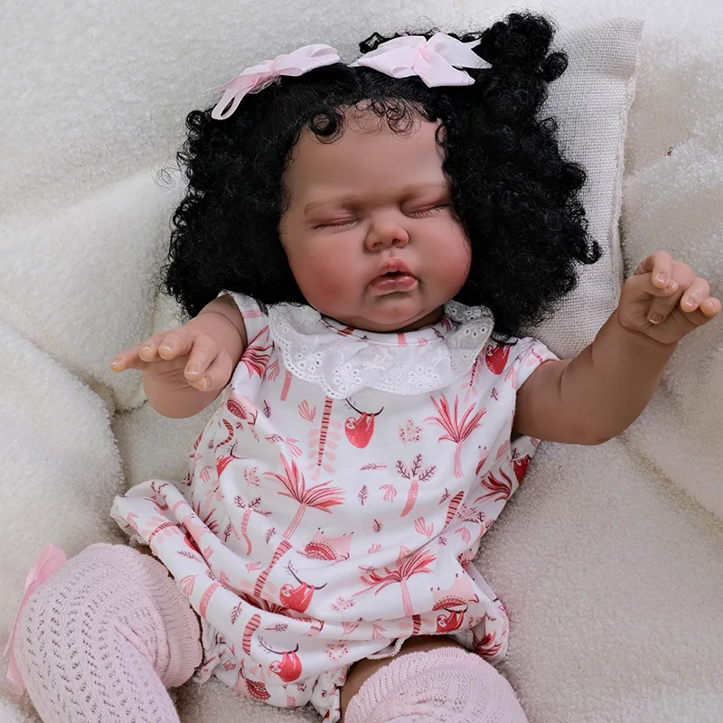 24 pollici Reborn bambino bambola cornotta in pelle marrone scuro con capelli neri principessa realistica bambole realistiche Bebes Reborns
