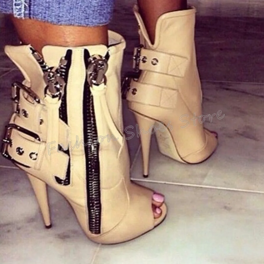 

Apricot Side Zipper Buckle Decor Boots Peep Toe Thin High Heels High Heel Shoes for Women Heels 2025 New Zapatos Para Mujere
