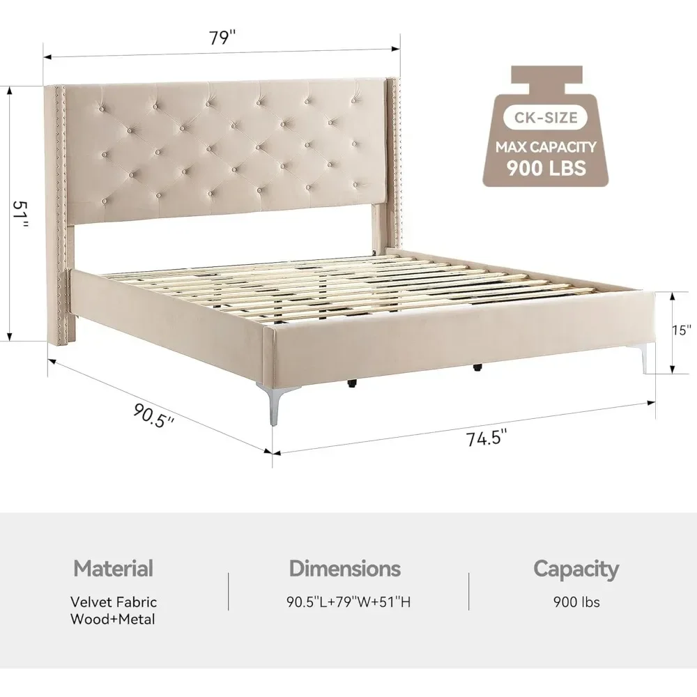 California King Bed Frame with Headboard, Nickel-plated Iron Feet Design, Soft Velvet Finish, Contemporary Upholstered Bed Frame