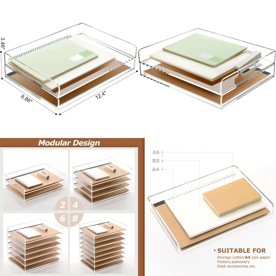 

2 Pack Stackable A4 Paper Letter Tray with Acrylic Desk Organizer for Office Workspace Clear Desktop File Sorter Storage Box 12