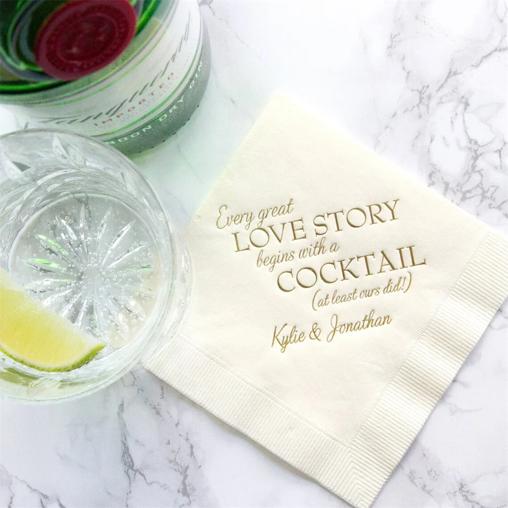 50PCS Every Great Love Story Begins with a Cocktail - Personalized Wedding Napkins, Rehearsal Dinner, Engagement Party, Custom B