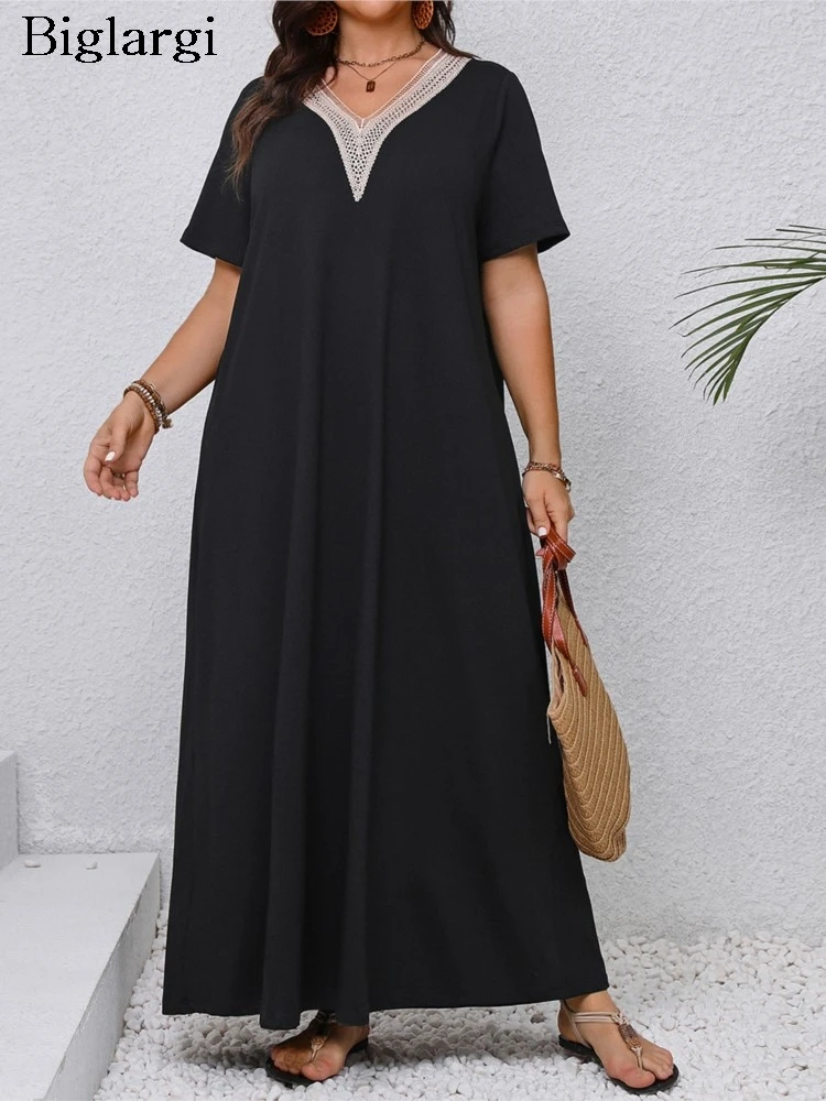 Plus Size Summer Embroidery Patchwork V-Neck Long Dress Women Ruffle Loose Fashion Pleated Ladies Dresses Casual Woman Dress