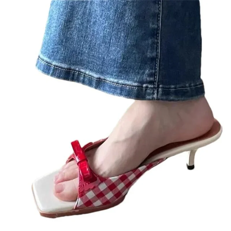 Design Shoes Retro Plaid Bow Sandals Kitten Heels French Style Peep Toe Shoes Mixed Color Sweet and Cute Women\'s Vocation Shoes