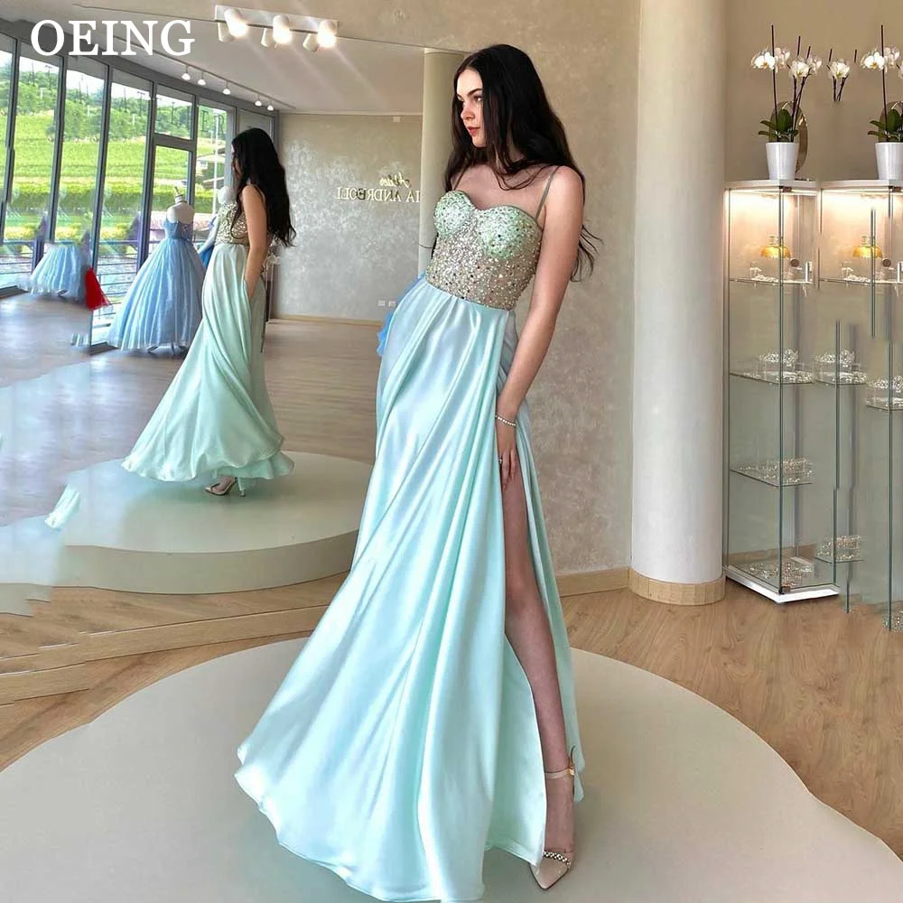 

OEING Shiny Baby Blue Long Evening Dresses Glitter Sequines Sweetheart Straps Pleats Prom Gowns Formal Party Occasion Dress