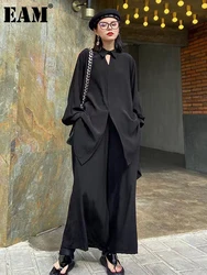 [EAM] Wide Leg Pants Big Size Two Piece Suit New Lapel Long Sleeve Black Loose Fit Women Fashion Tide Spring Autumn 2024 1DF0685