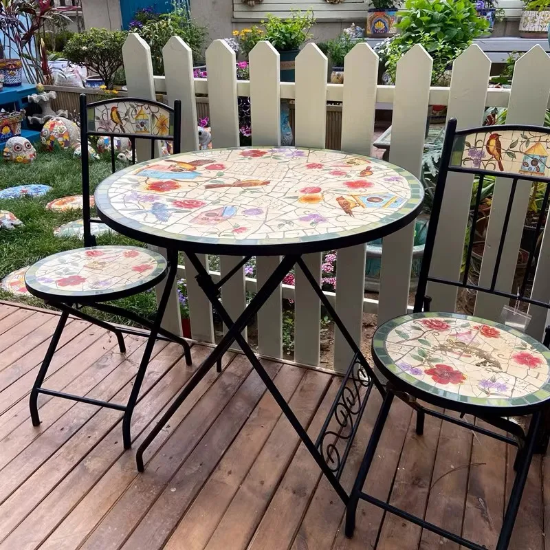 Featured Art Multi-style Patio Balcony Table and Chair Kit, Handmade Porcelain Mosaic Craft Foldable