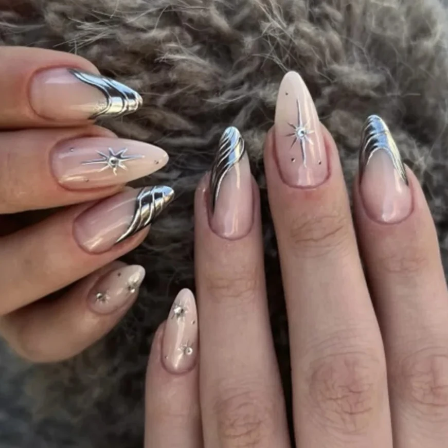 

Silver Metal Punk Star Starburst Long Pointed Fake Nails Art Glitter Almond False Nails Moon Sun Heart Rhinestone Press on Nails