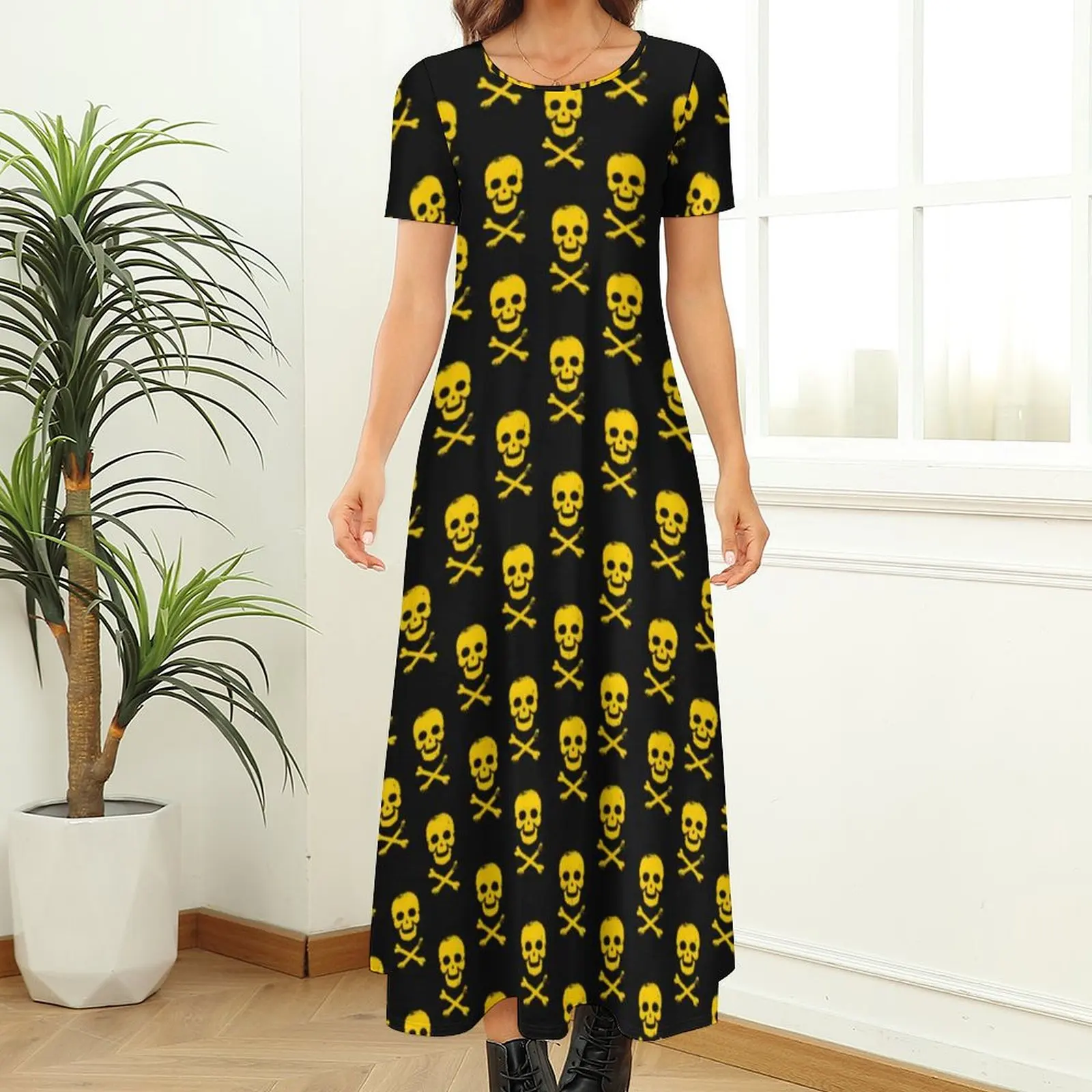 Yellow Skull Dress Crossbones Print Street Style Bohemia Long Dresses Ladies Kawaii Maxi Dress Birthday Gift