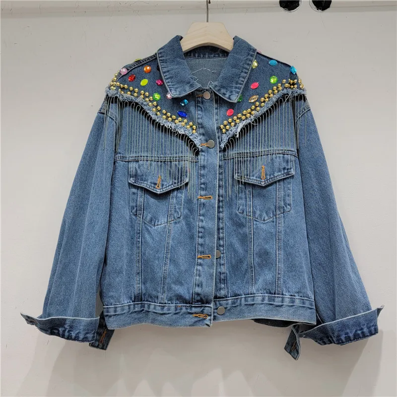 

Harajuku Vintage Frayed Burrs Rivet Chain Tassel Blue Jeans Jacket Spring Women Casual Turndown Collar Long Sleeve Cowboy Coat