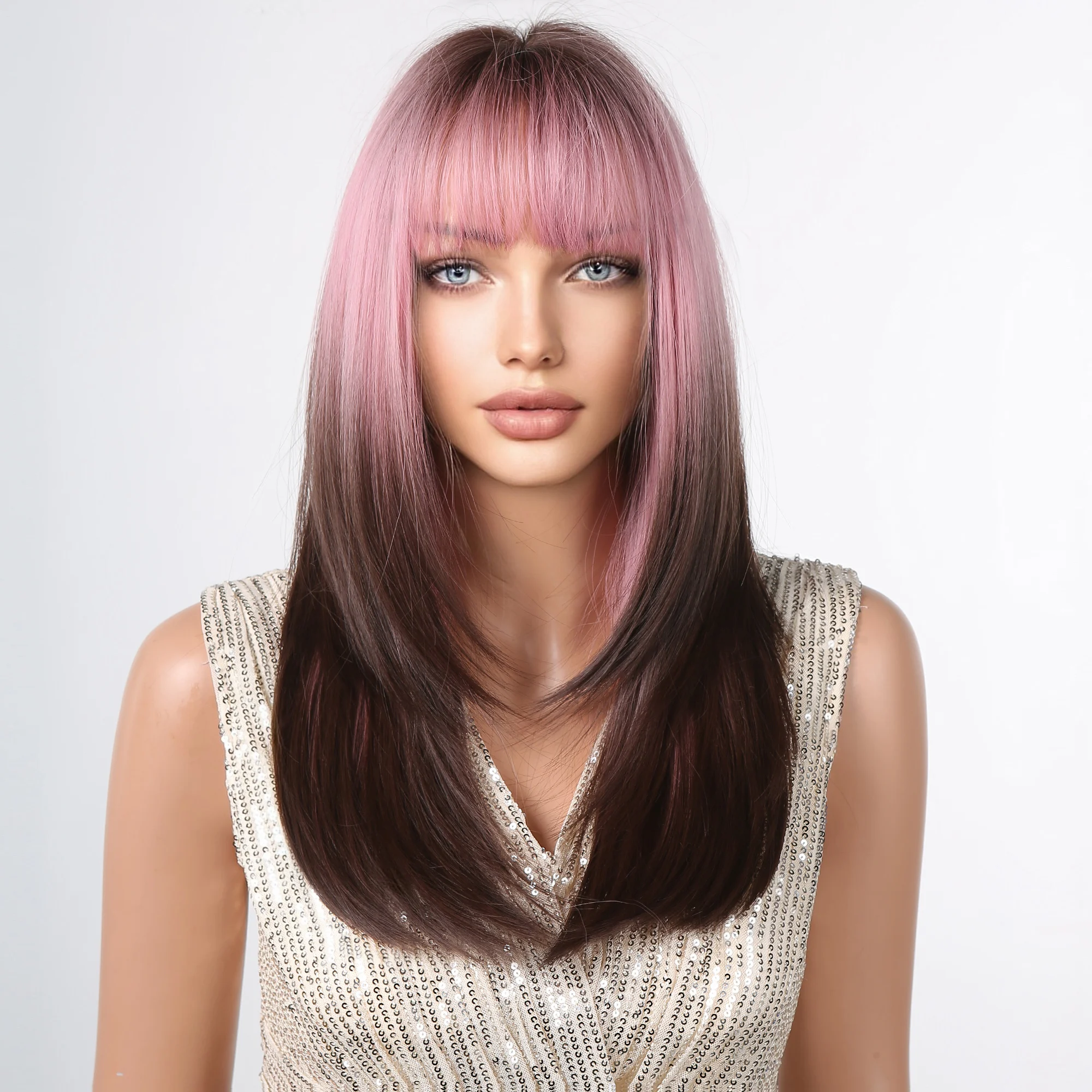 Long Layered Ombre Pink Brown Synthetic Women Wig Long Straight Cosplay Daily Woman Korean Natural Fake Hair Wigs with Bangs